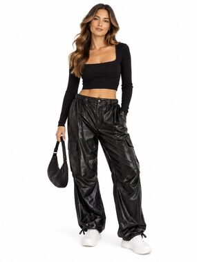 Olivaceous Black Patent Parachute Cargo Pants 55% Suede 45% PU – Size Large NWT